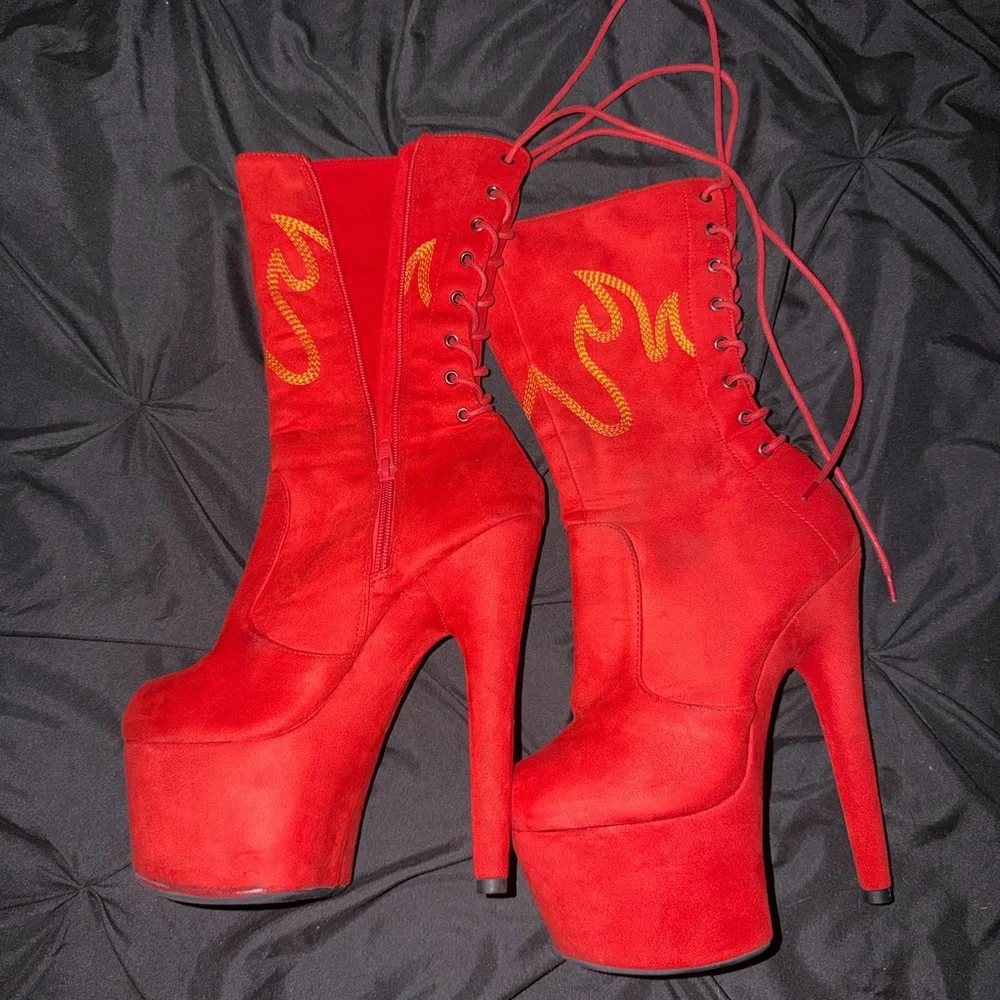 Red Lace-Up Platform Stiletto Boots with Flame Stitching